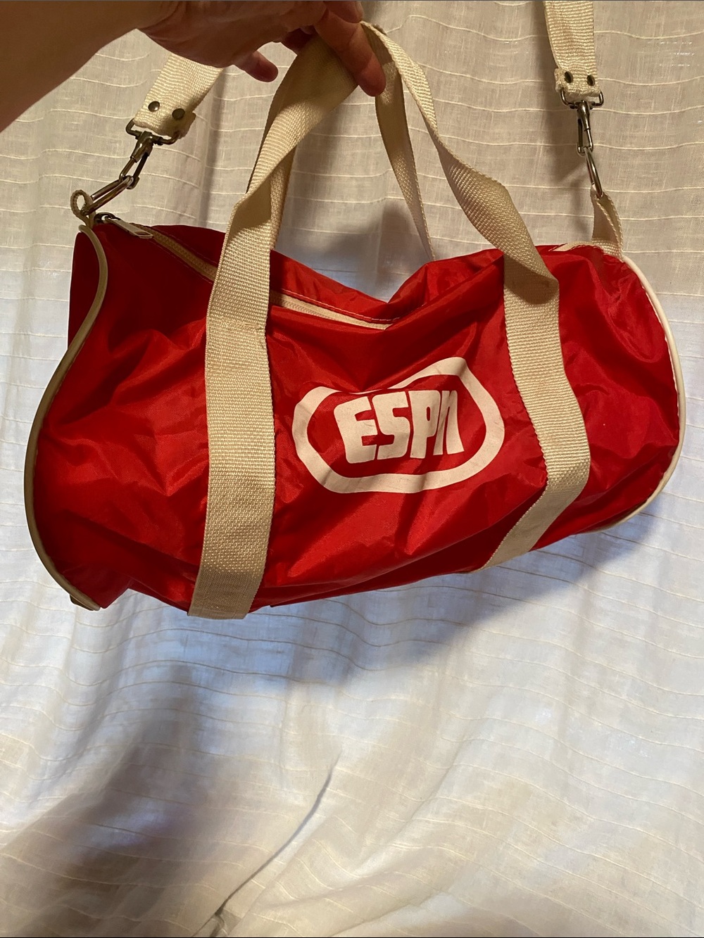 Vintage ESPN Red nylon Duffel Bag with Cream Straps
